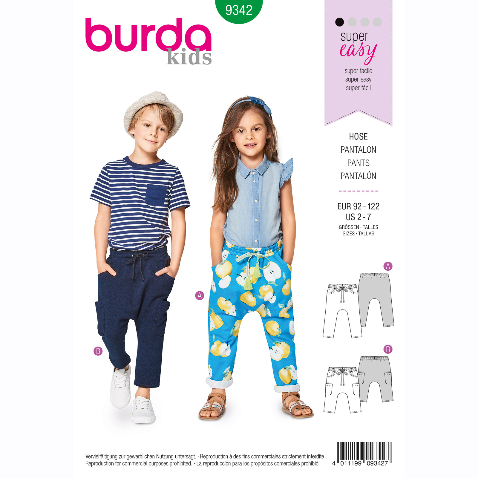 Burda patroon 9342 broek. Maat: 92-122 - STUK