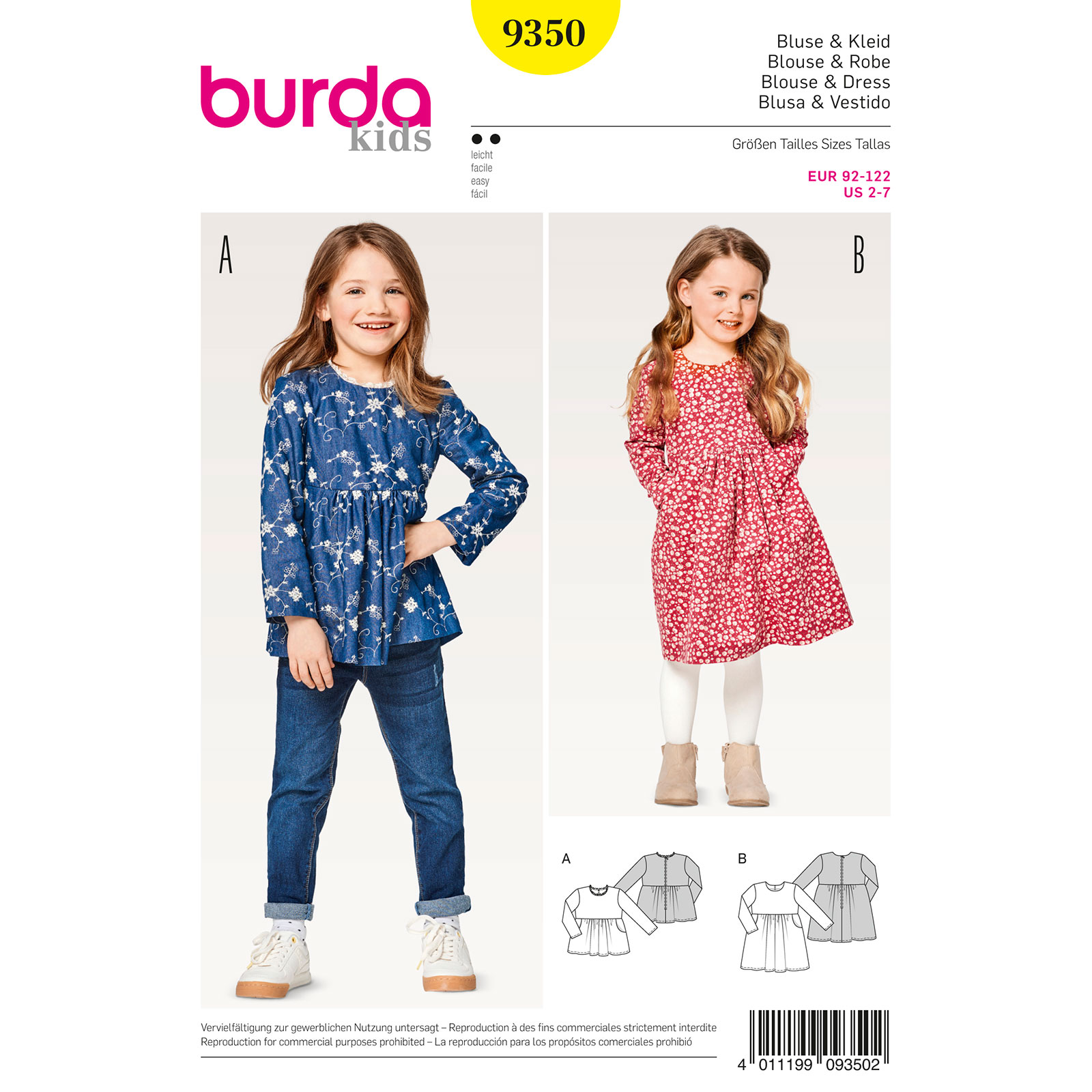 Burda patroon 9350 blouse en. Maat: 92-122 - STUK