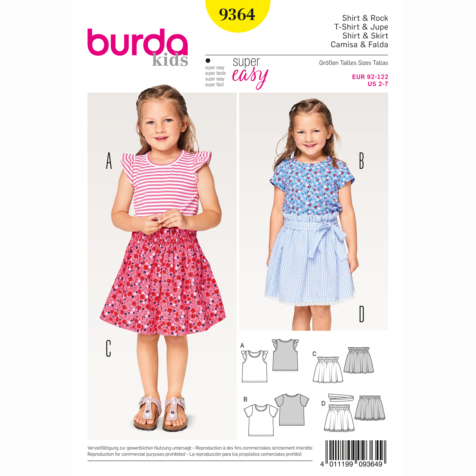 Burda patroon 9364 shirt & rok. Maat: 92-122 - STUK