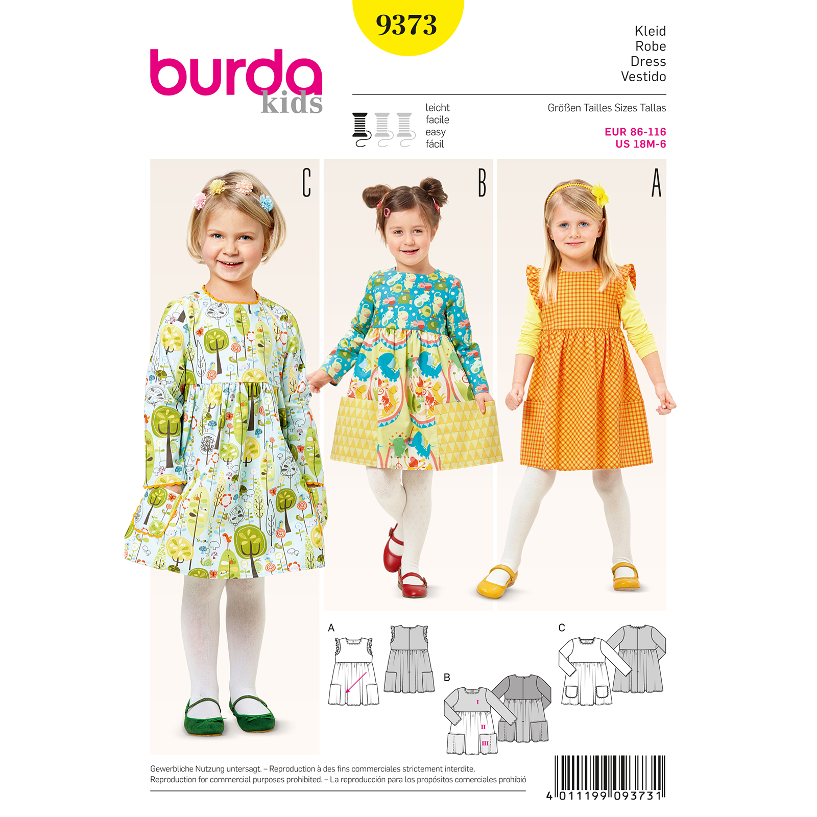 Burda patroon 9373 jurk. Maat: 86-116 - STUK