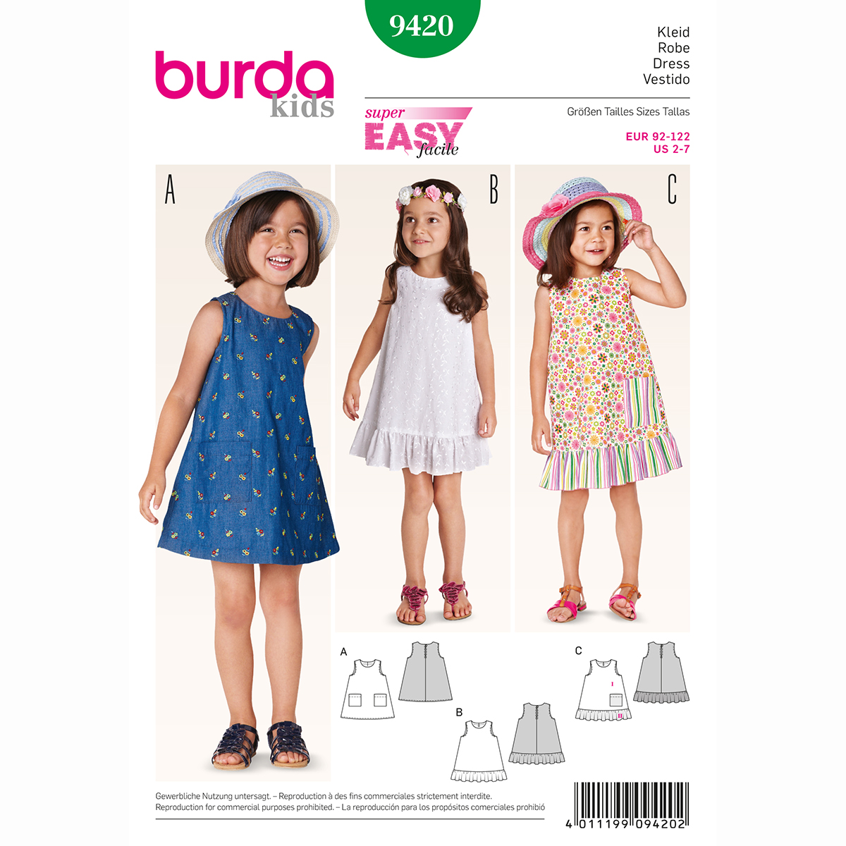Burda patroon 9420 jurk. Maat: 92-122 - STUK