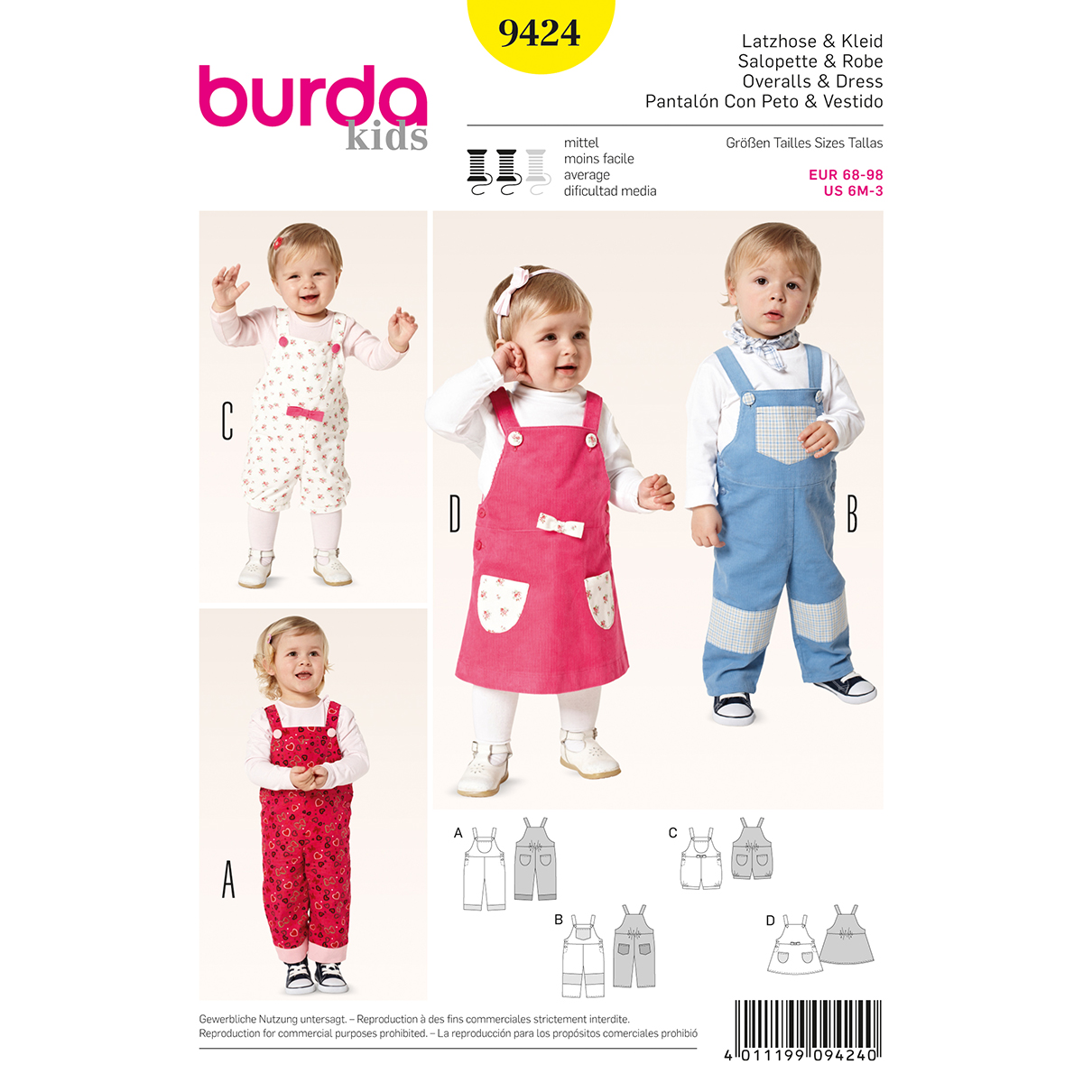 Burda patroon 9424 tuinbroekje - jurkje. Maat: 68-98 - STUK