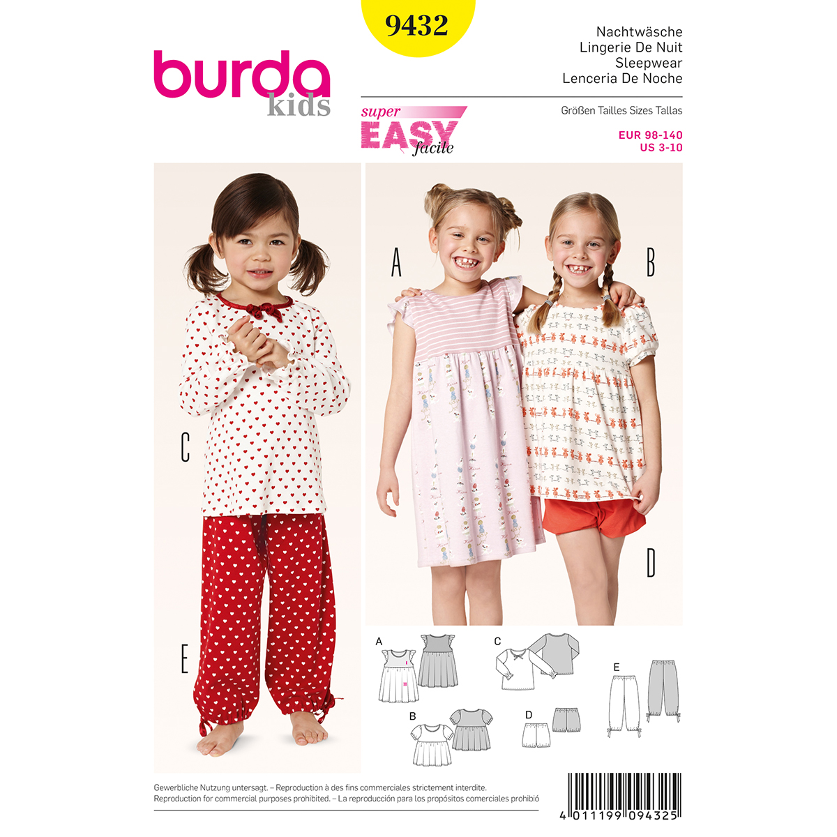 Burda patroon 9432 nachtkleding. Maat: 98-140 - STUK
