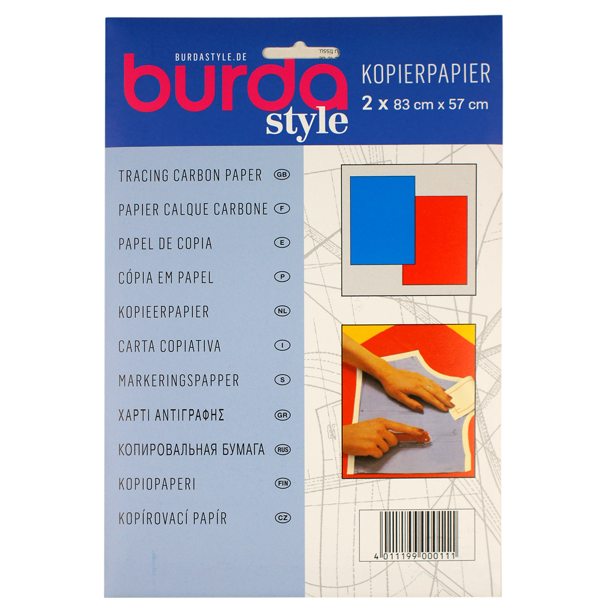 Burda kopieerpapier 83 x 57cm - 1 vel blauw en 1 vel rood  - STUK