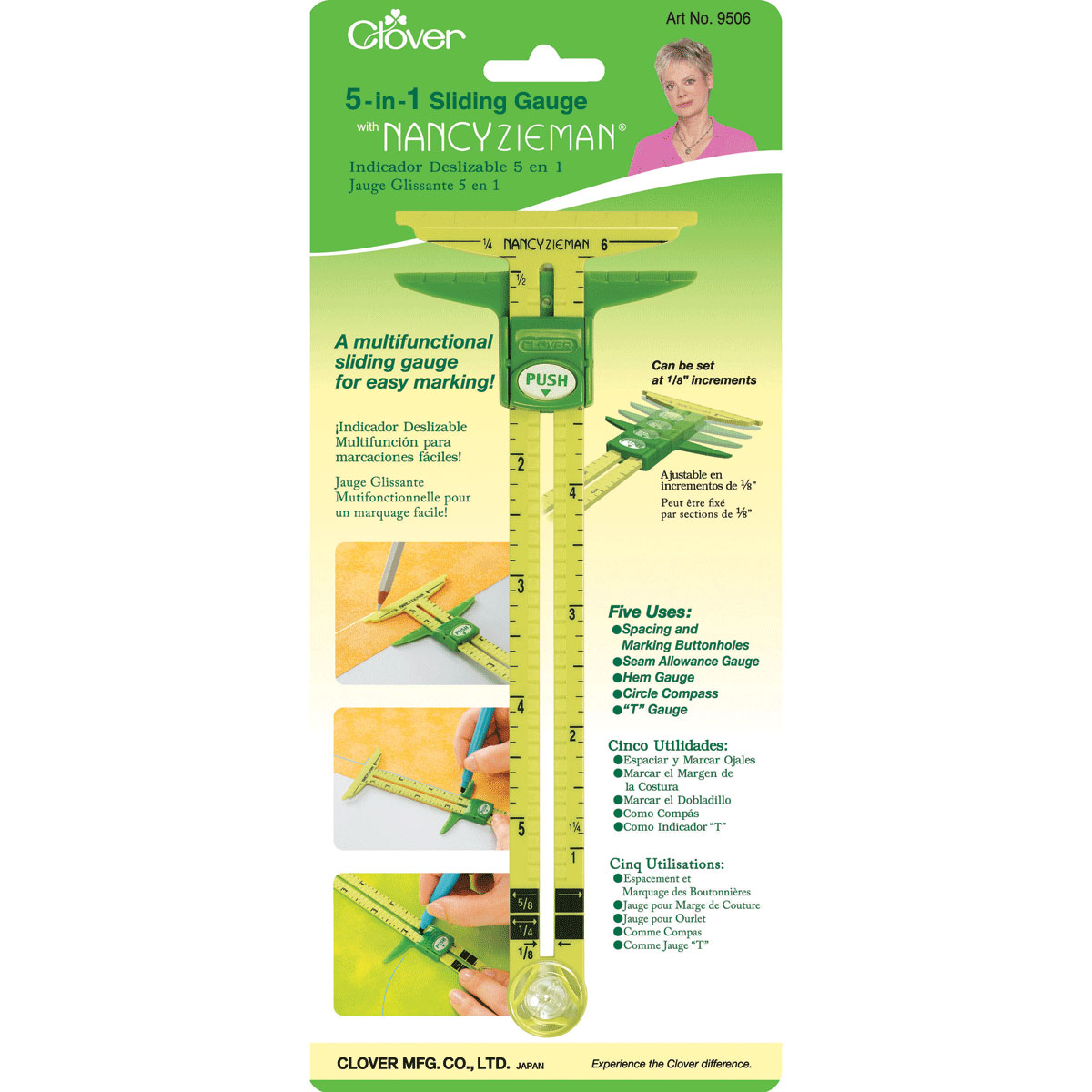 Clover 9506 Sliding Gauge 5 in 1; schuifmaat ontworpen door Nancy Zieman - Kaart