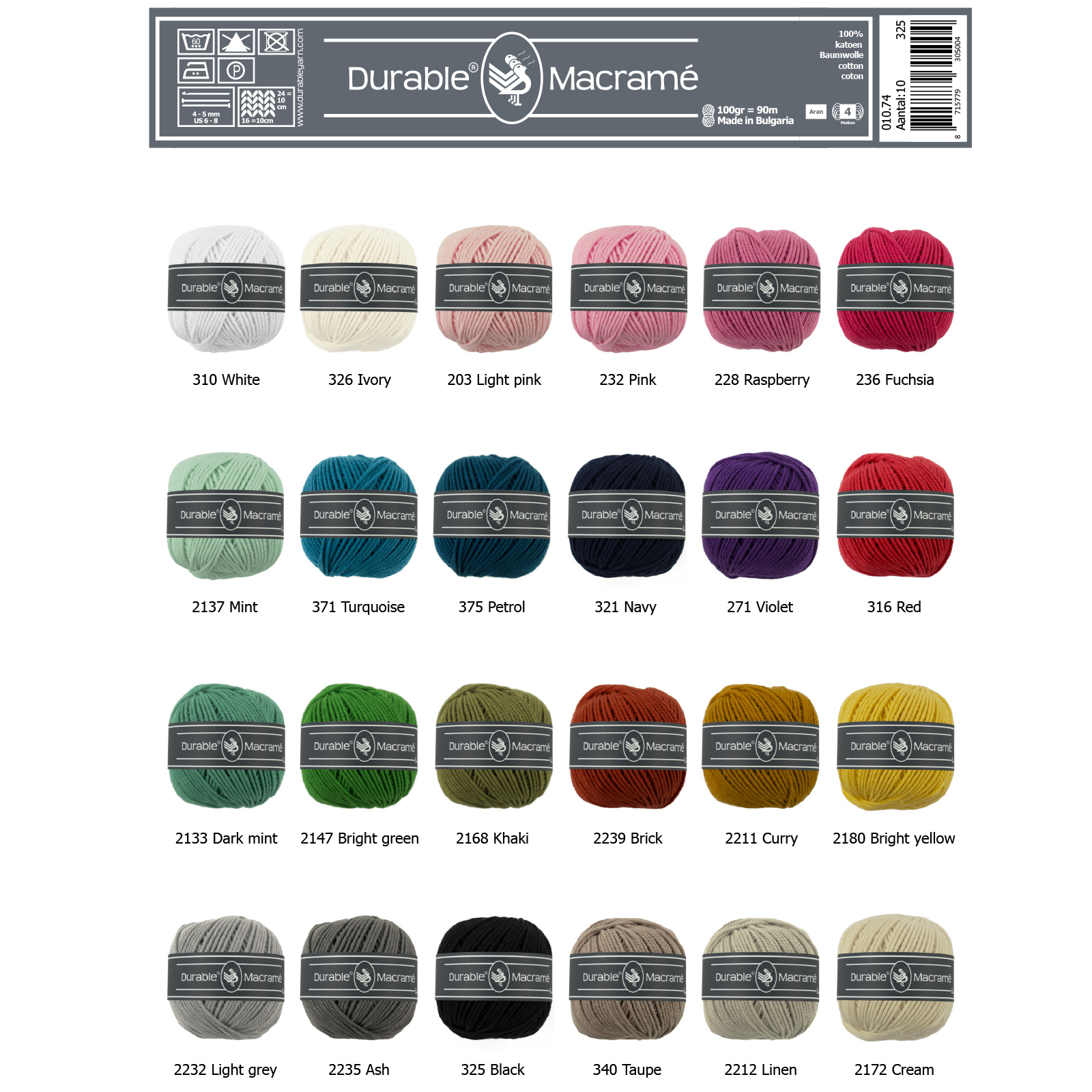 Durable 010.74 Macrame totaal assortiment 31 kleuren à 10 bollen - Assortiment