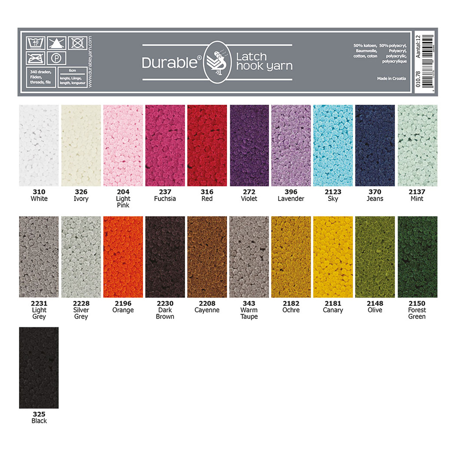 Durable Latch Hook 50 gram - assortiment met alle kleuren - Assortiment