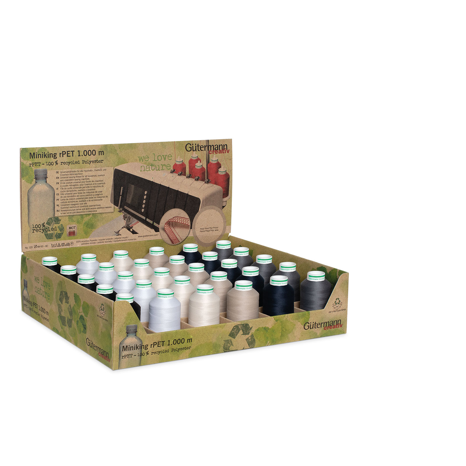 Gütermann 799698 display met 30 conen Miniking rPet 1000 meter in 6 basis kleuren - Kleur 1