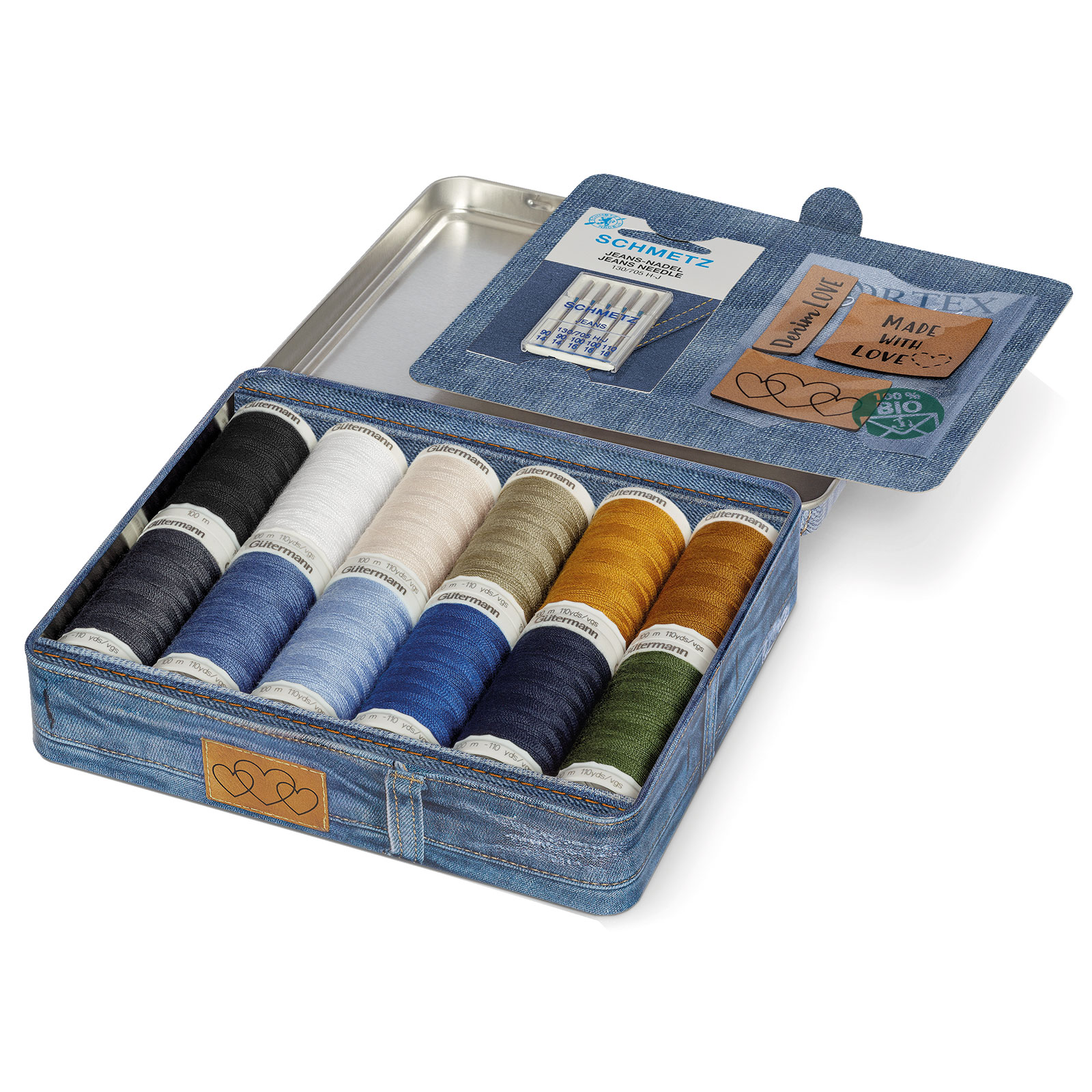 Gütermann 799782 Box Denim naaigaren, 12 conen, 5 naalden en 3 leren labels - STUK