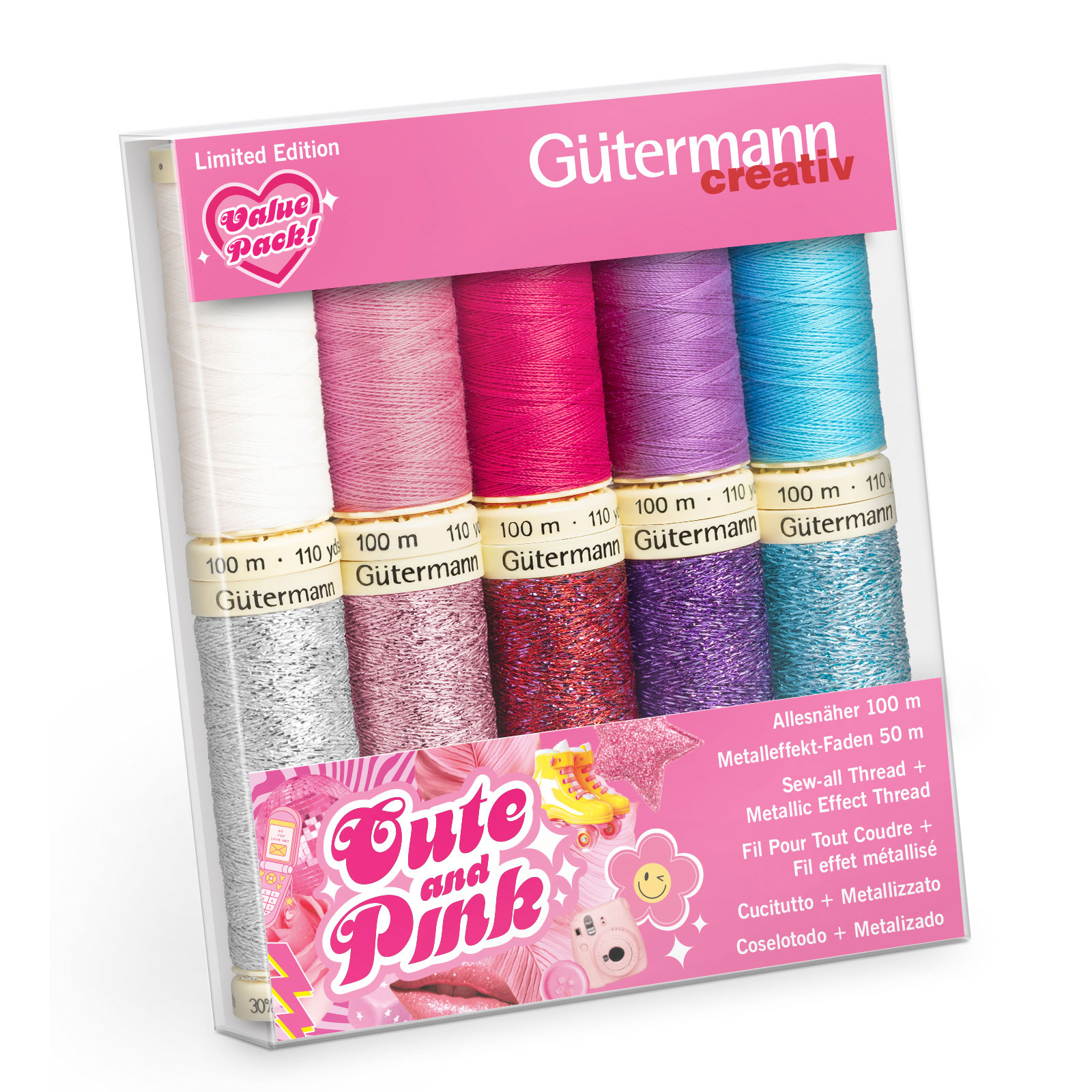 Gutermann 713323 Naaigarenset Cute and Pink met 5 conen Allesnaaigaren 100m en 5 conen metallic effectgaren - Kleur 1