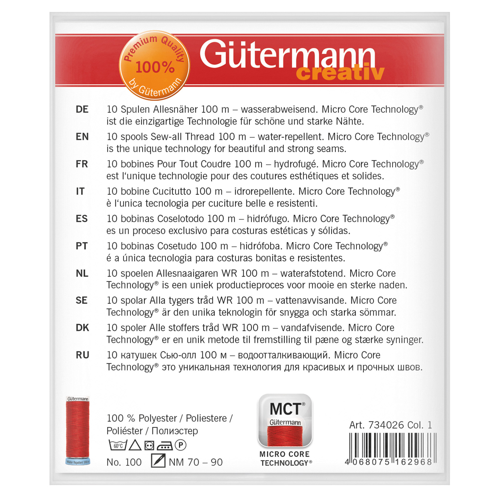 Gutermann 734026 Naaigarenset water afstotend, 10 conen van 100 mtr in een set.  - STUK