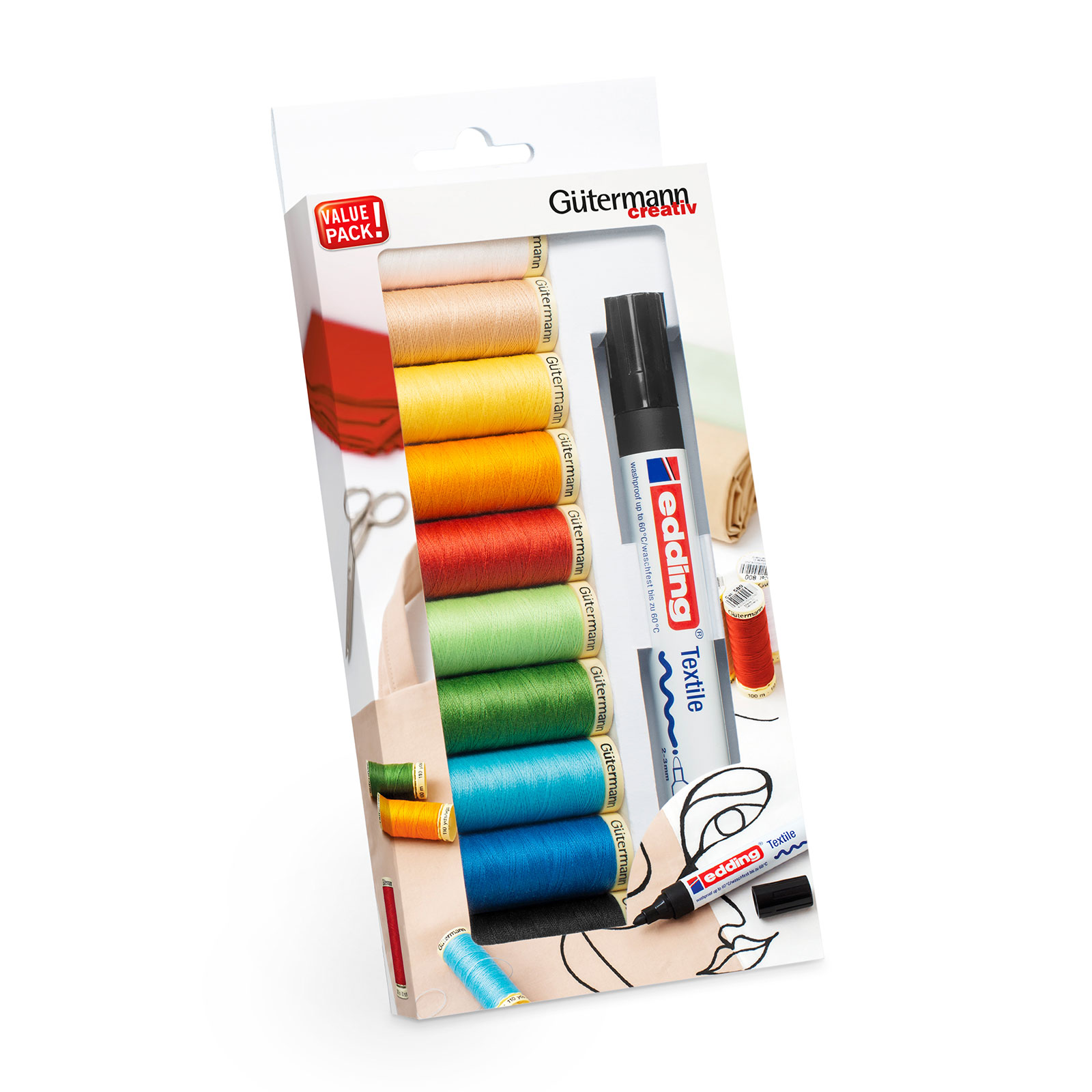 Gutermann 734575 Naaigarenset met 10 spoelen Allesnaaigaren 100m + Edding markeerstift - SET