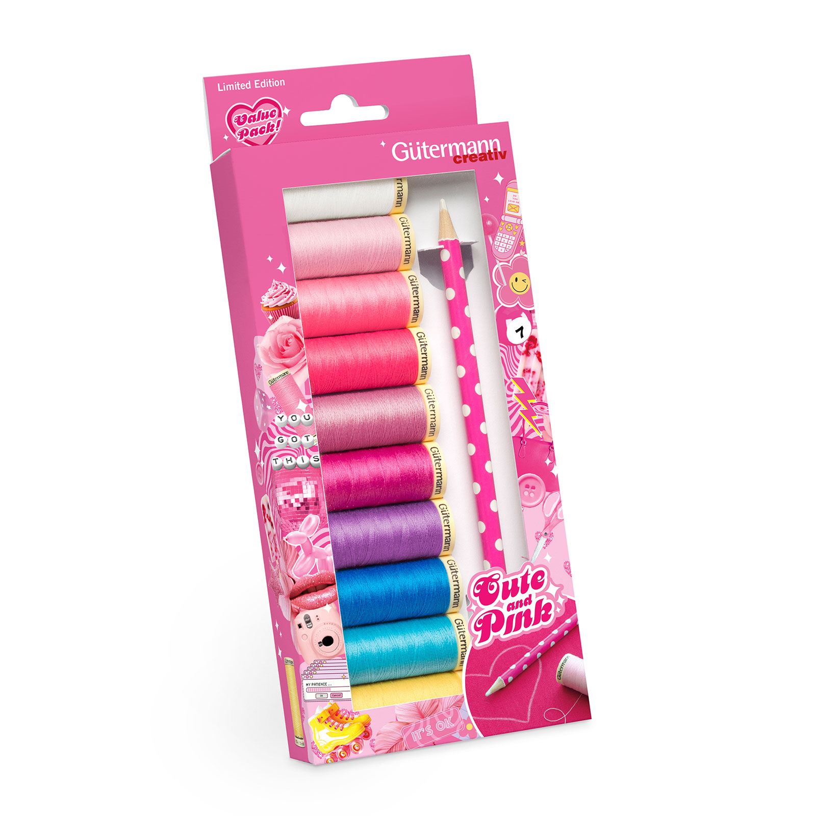 Gutermann 734589 Naaigarenset Cute and Pink met 10 spoelen Allesnaaigaren 100m + Prym markeerpotlood - SET