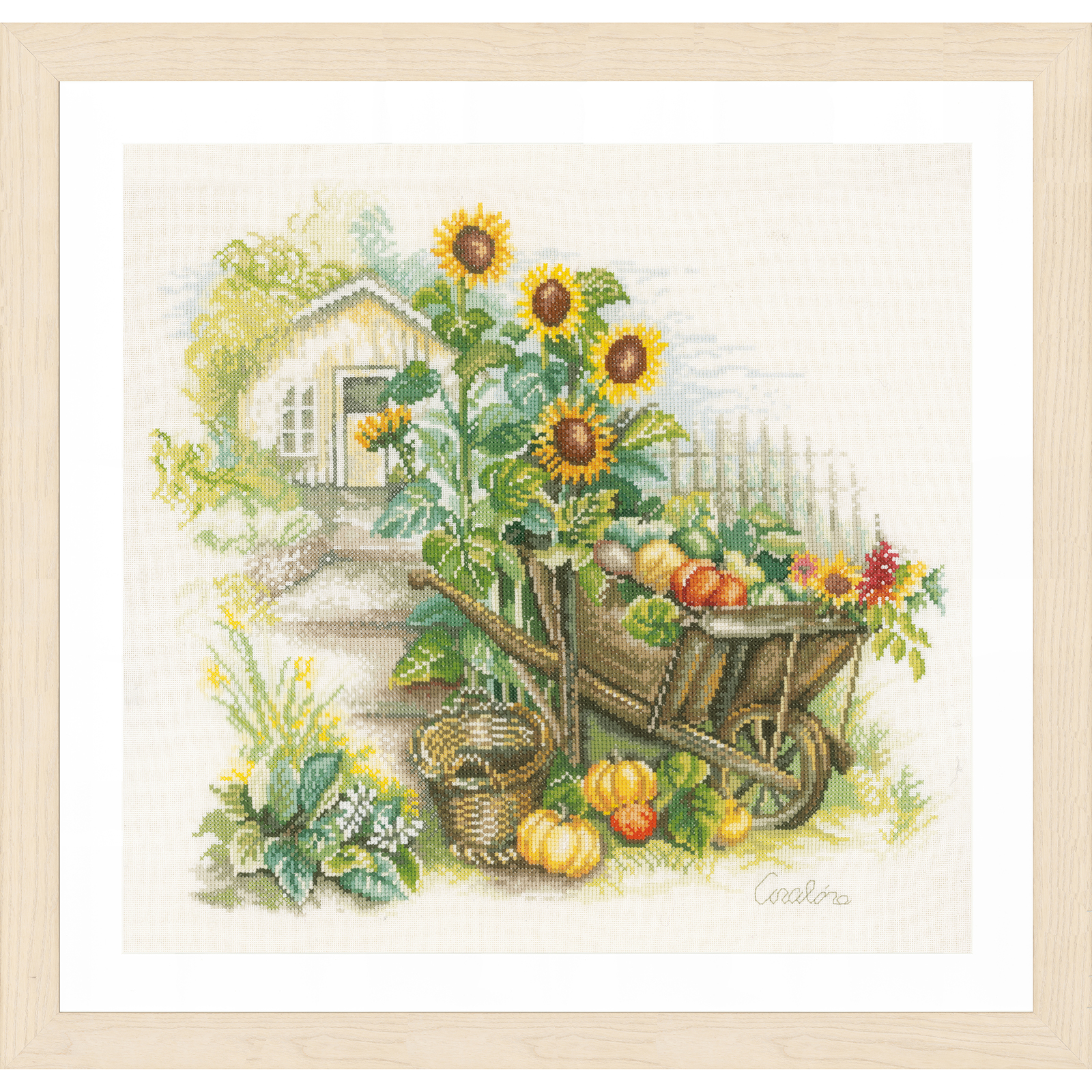 Lanarte PN-0007988 Borduurpakket telpatroon Kruiwagen en zonnebloemen ca. 43 x 37 cm - STUK