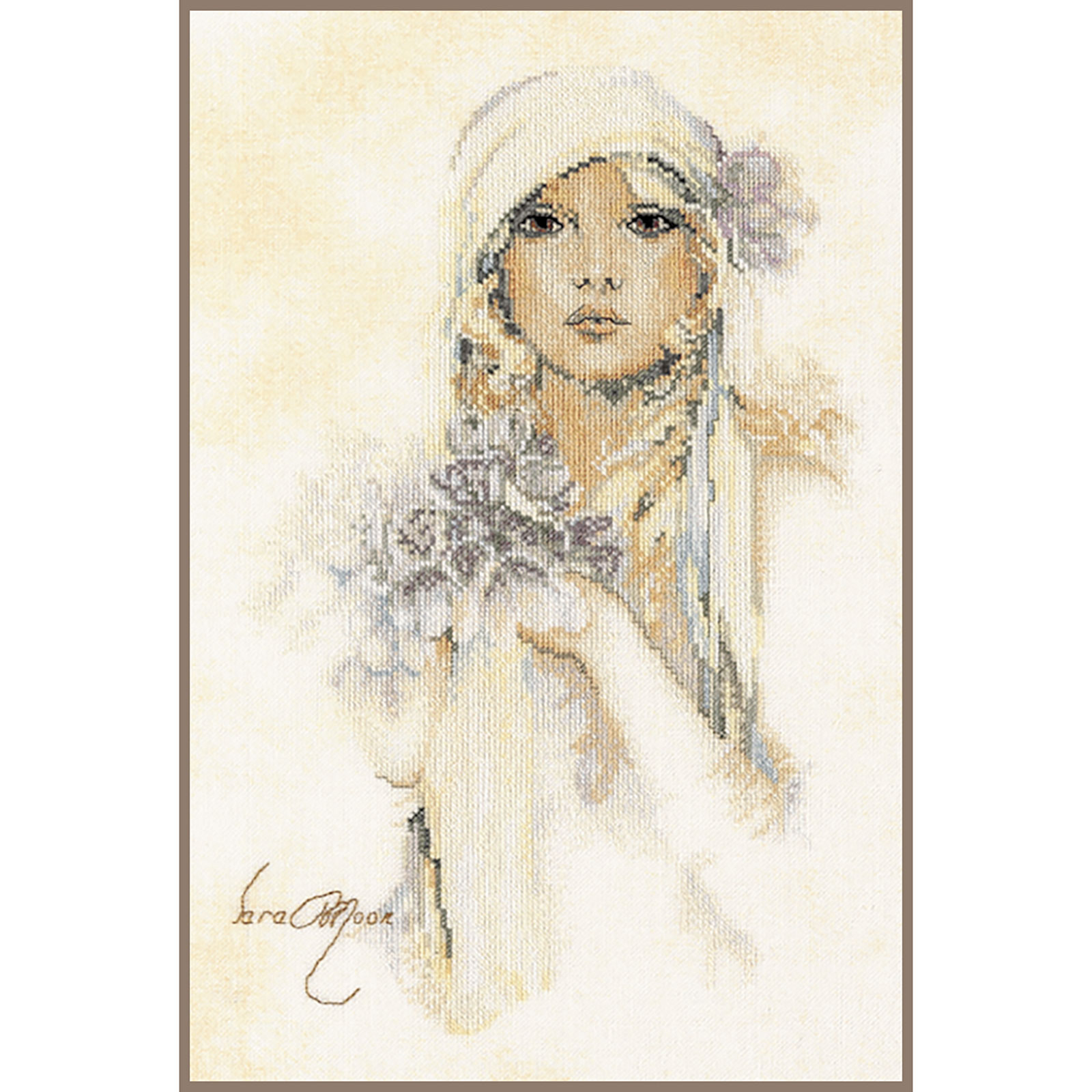 Lanarte PN-0008013 Borduurpakket telpatroon Dame met lila bloem ca. 20 x 30 cm - STUK