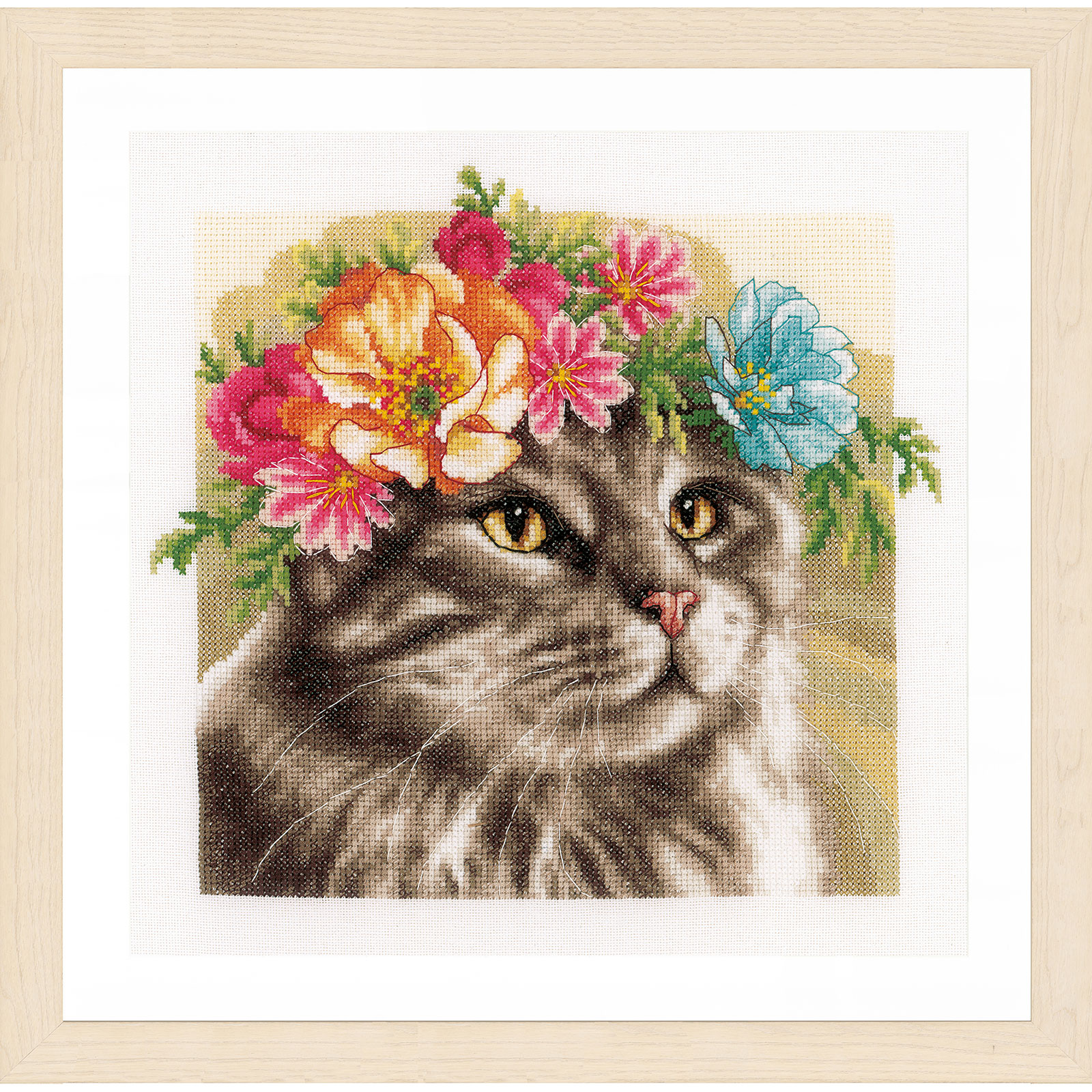Lanarte PN-0191867 Borduurpakket telpatroon Maine coon met bloemenkrans 29x29cm - STUK