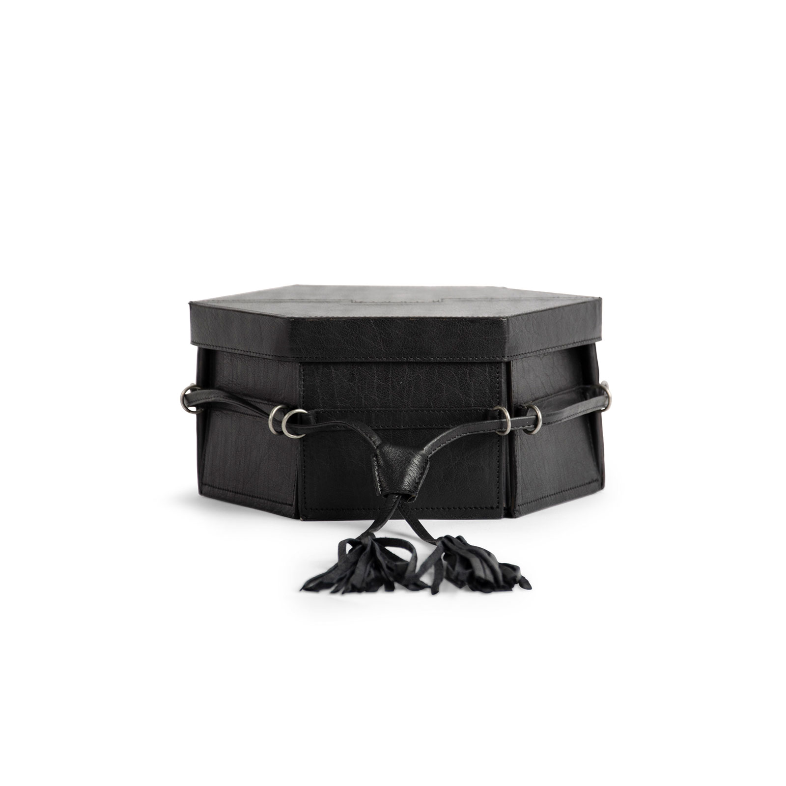MUUD Evita. Handgemaakt leren 6 kantige handwerk opbergdoos 12x22x26cm - kleur Black