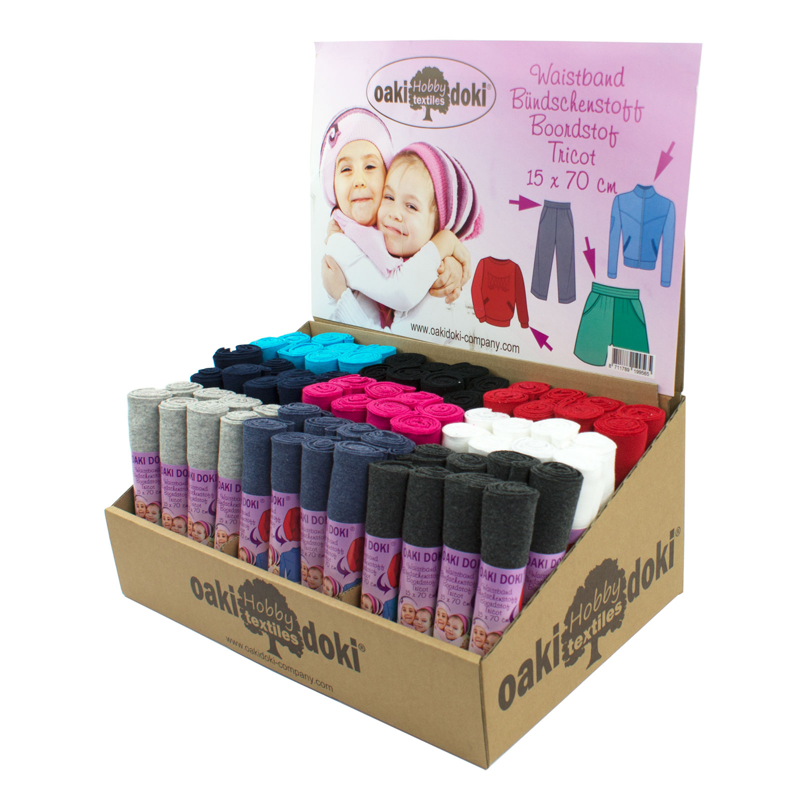 Oaki Doki 052.4 Display boordstof tricot 15x70cm, 9 kleuren x 8 stuks - Display