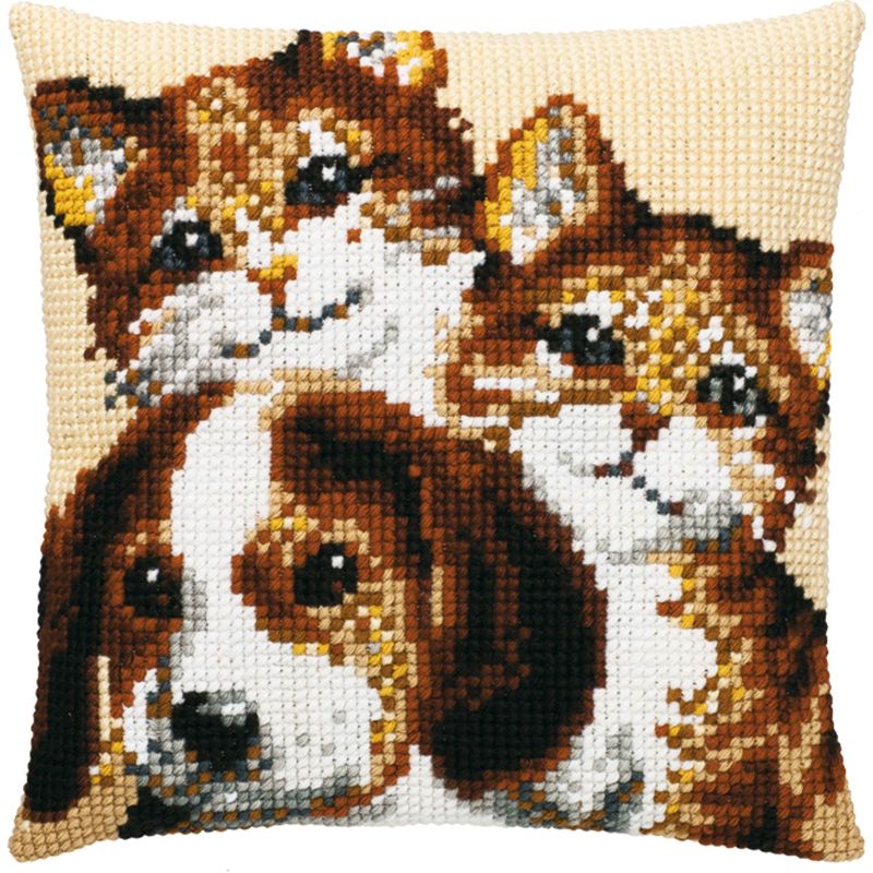 Pako 003.224 Voorbedrukt kruissteek kussenpakket 2 Katten en 1 hond 40x40cm - STUK