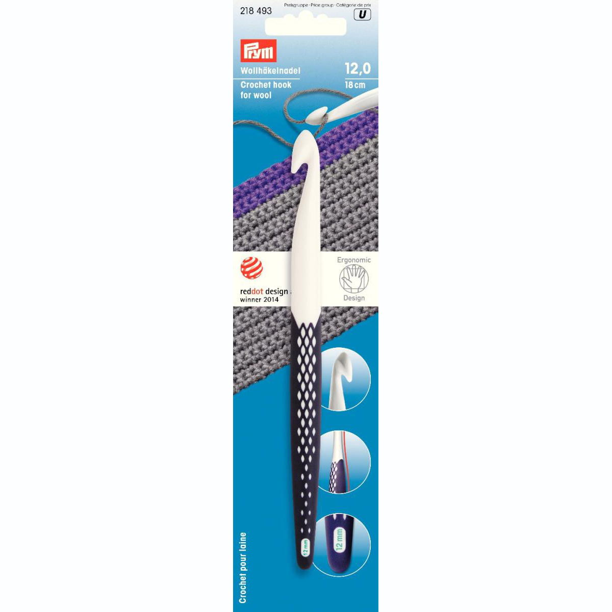 Prym 218493 Wolhaaknaald KST ergonomisch 18 cm 12,00 mm petrol - Kaart
