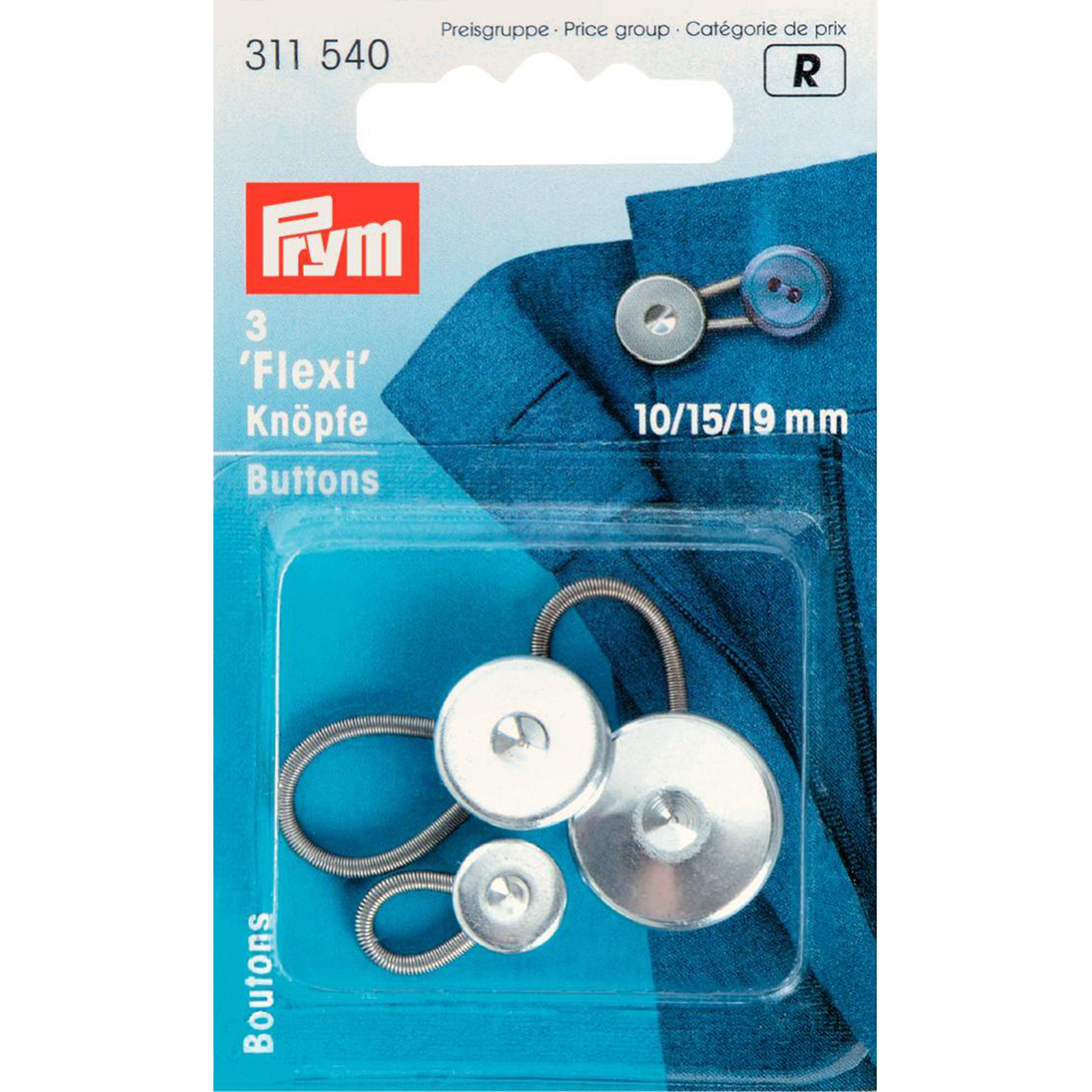 Prym 311540 Flexi-knopen met lus 10/15/19 mm zilverkleurig - Kaart
