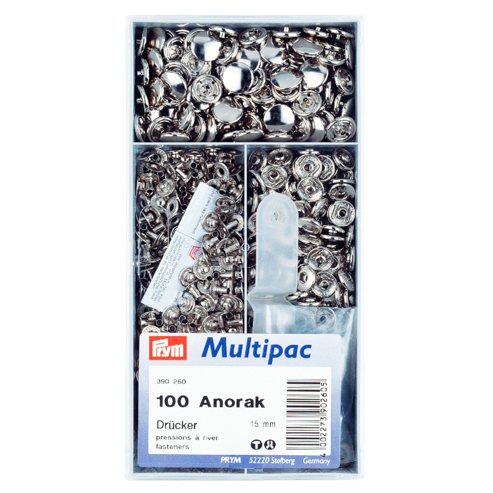 Prym 390260 Naaivrije drukknopen ANORAK MS 15 mm zilverkleurig - Doos