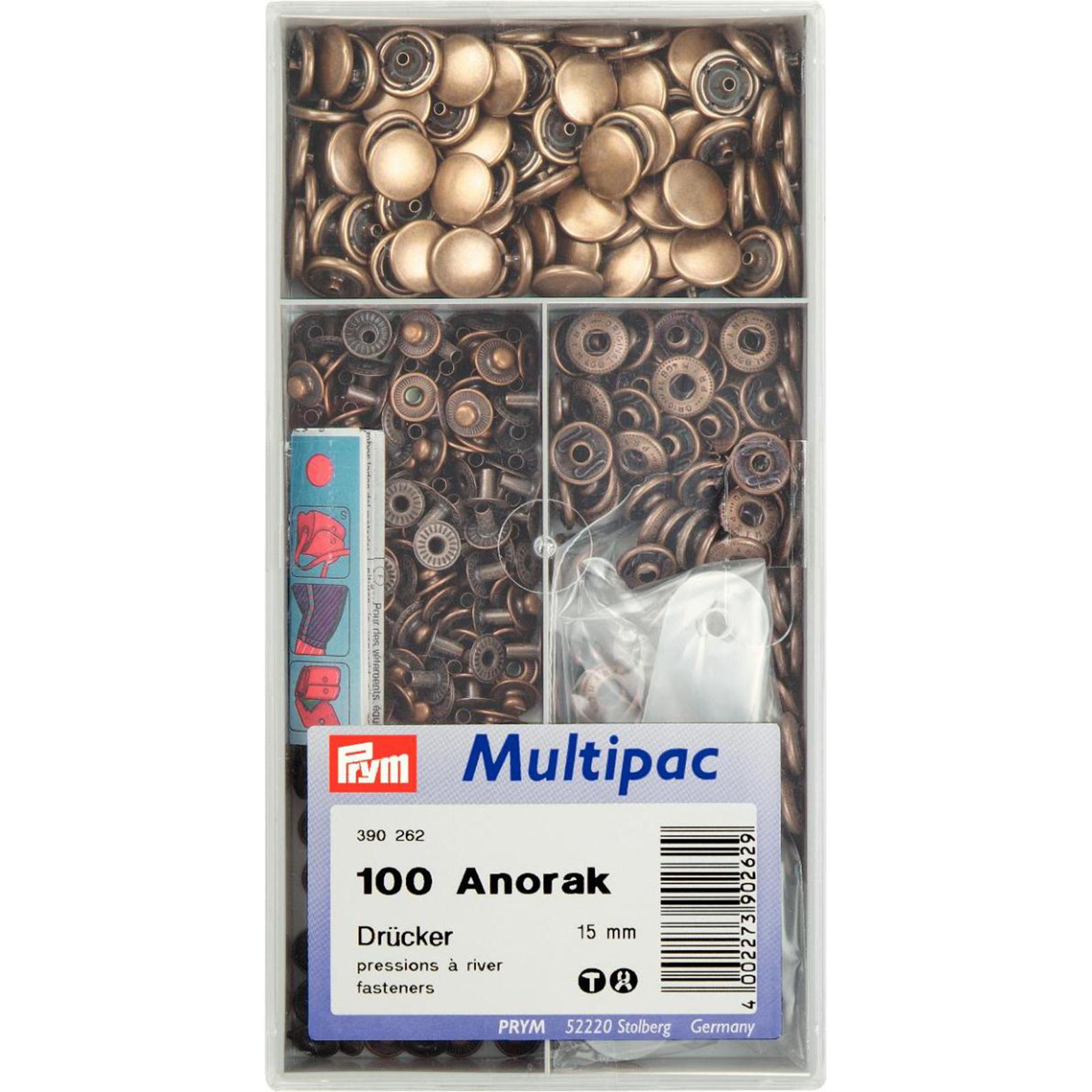 Prym 390262 Naaivrije drukknopen ANORAK MS 15 mm oudmessing - Doos