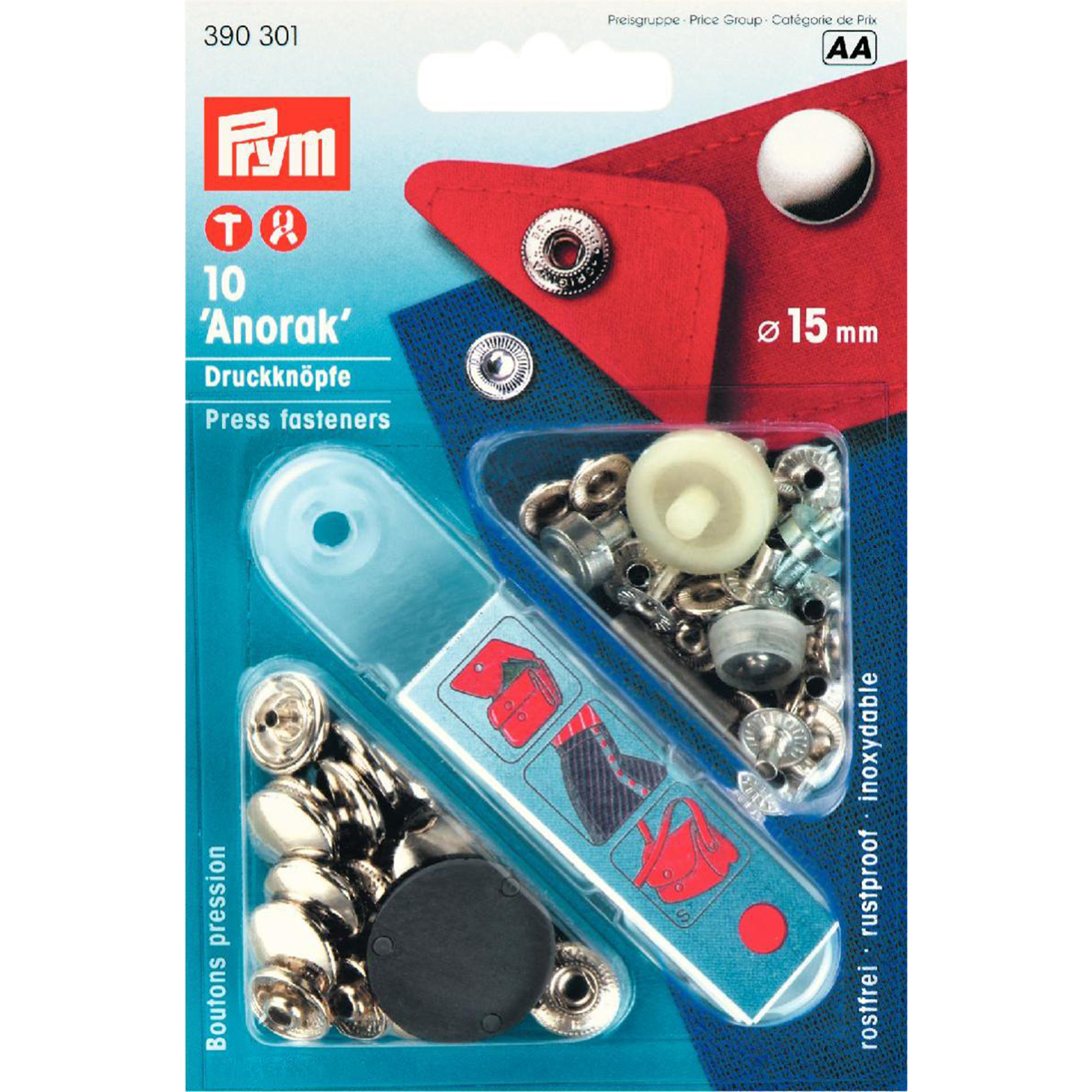 Prym 390301 Naaivrije drukknopen ANORAK MS 15 mm zilverkleurig - Kaart