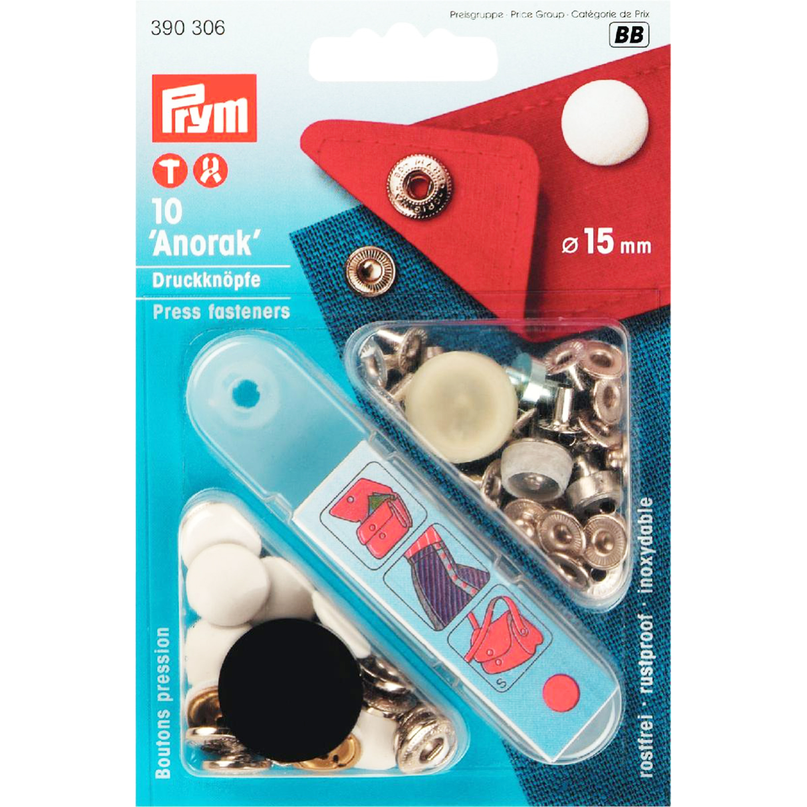 Prym 390306 Naaivrije drukknopen ANORAK MS kap gelakt 15 mm wit - Kaart