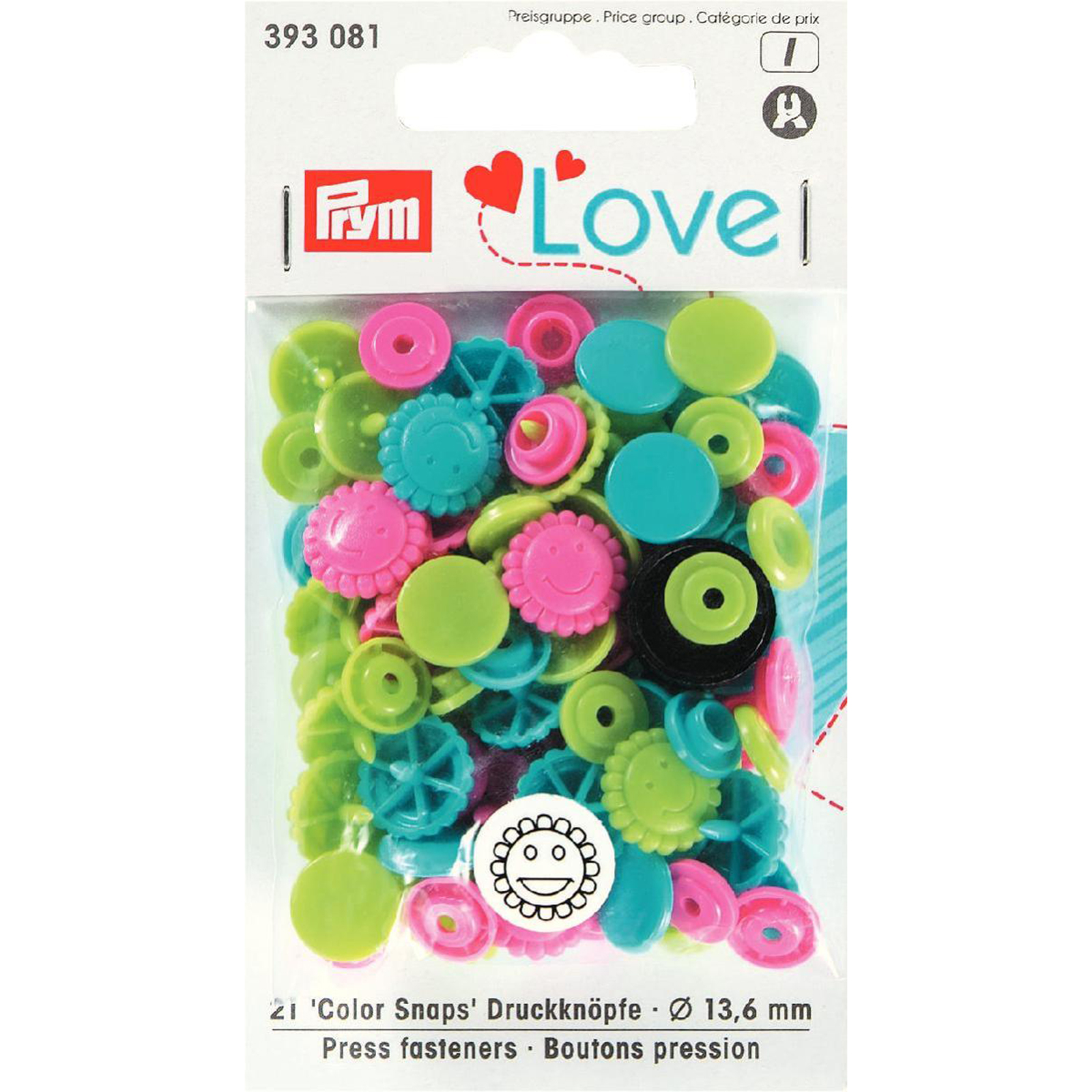Prym 393081 Prym Love Color drukknoop Bloem 13,6mm turko./groen/fuchsia - Kaart