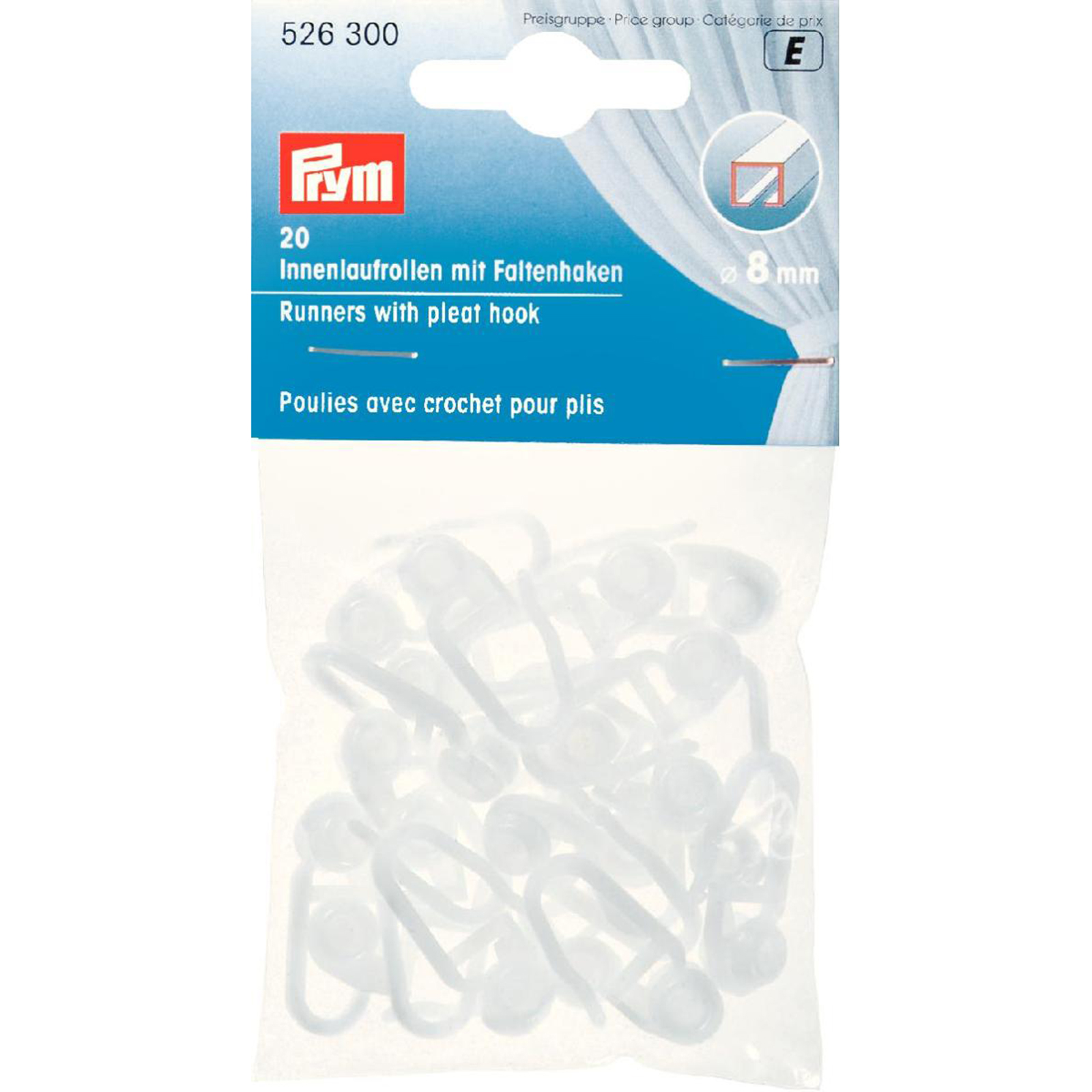 Prym 526300 Rollers met vouwhaken voor geïntegreerde looprail 8 mm wit - Kaart