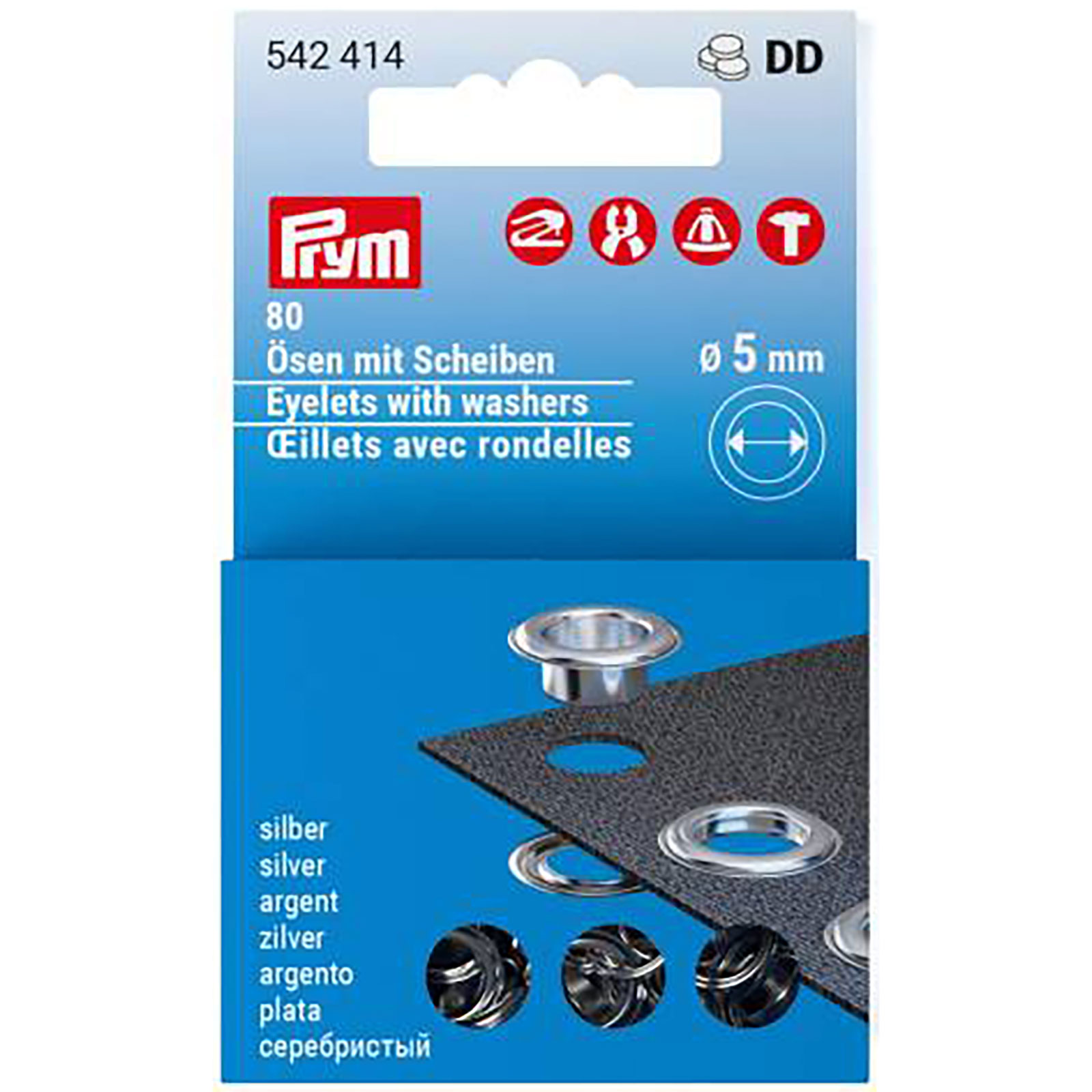 Prym 542414 Navul ringen met schijv en Messing 5mm zilverkleurig 80st - Kaart