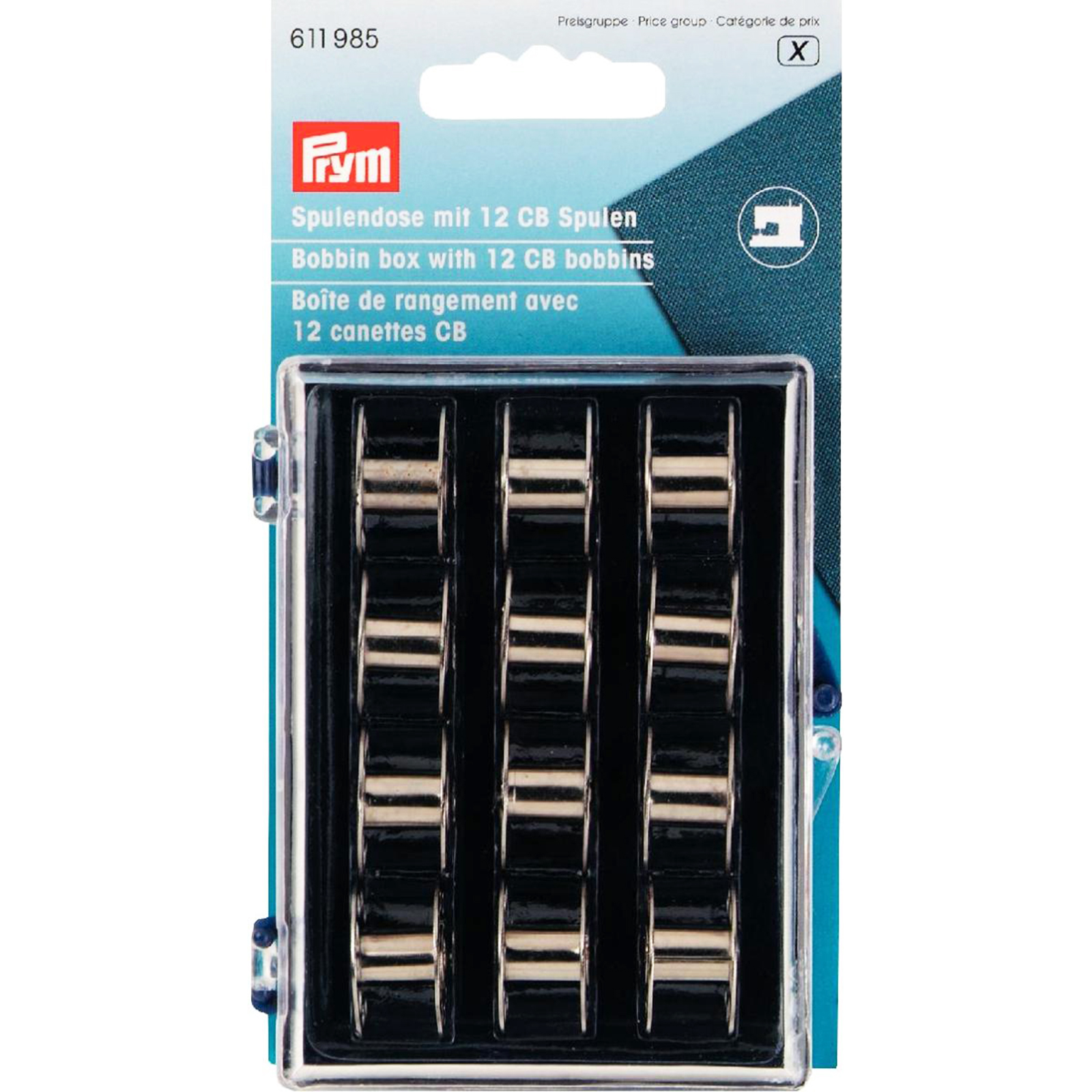 Prym 611985 Spoelendoos gevuld met 12 CB metaalspoelen - Kaart