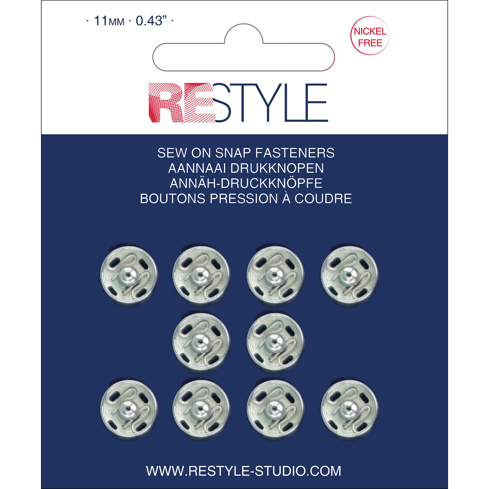 ReStyle Aannaaidrukknopen 11 mm zilver nikkelvrij, 10 stuks - Kaart