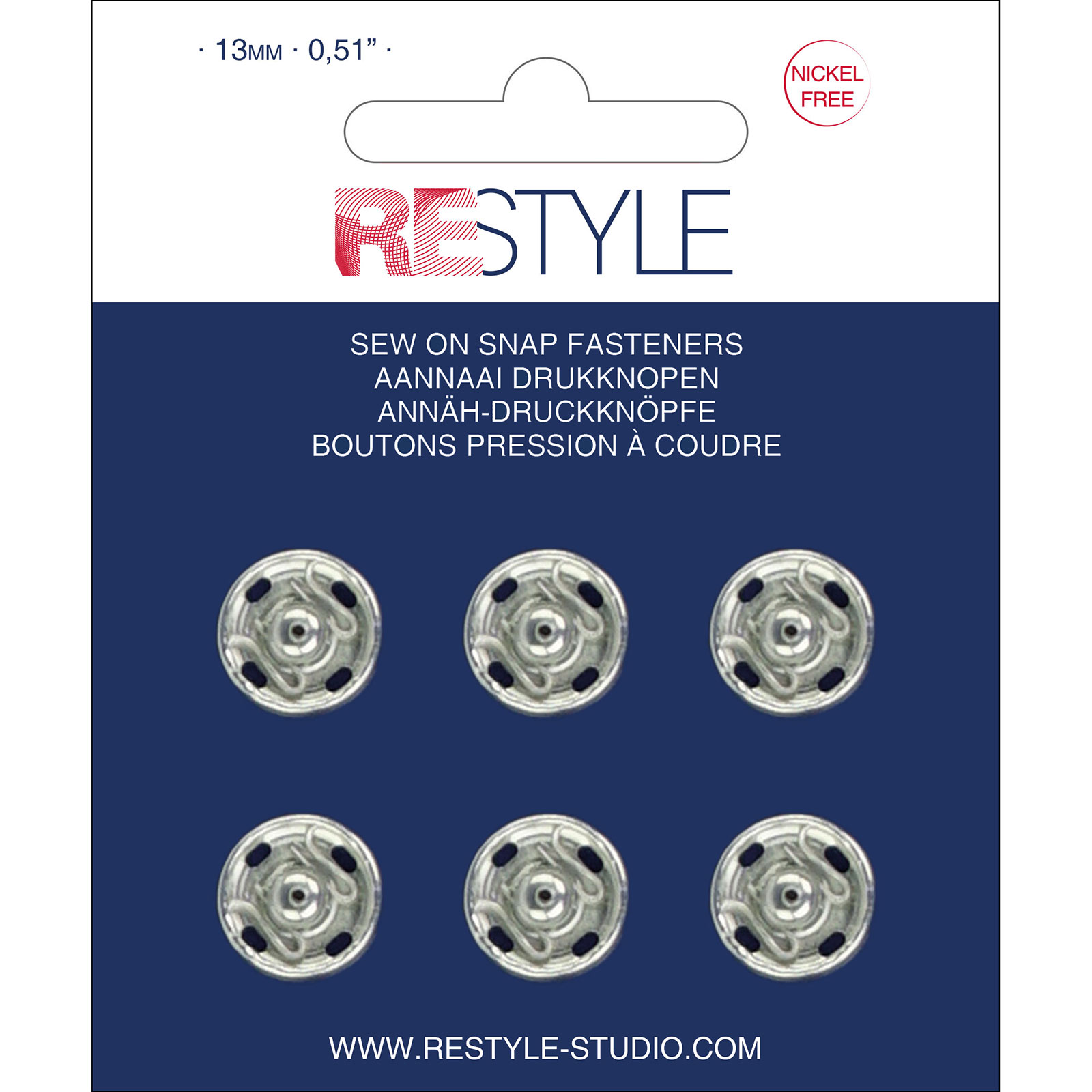 ReStyle Aannaaidrukknopen 13 mm zilver nikkelvrij, 6 stuks - Kaart