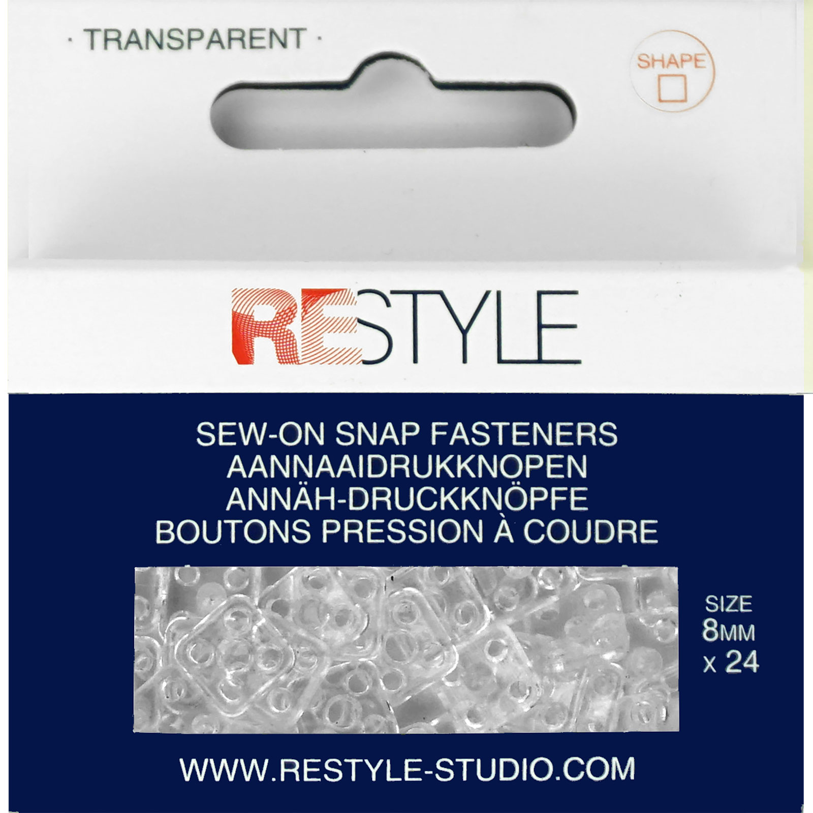 ReStyle Aannaaidrukknopen vierkant 8 mm plastic, 24 stuks - Kaart