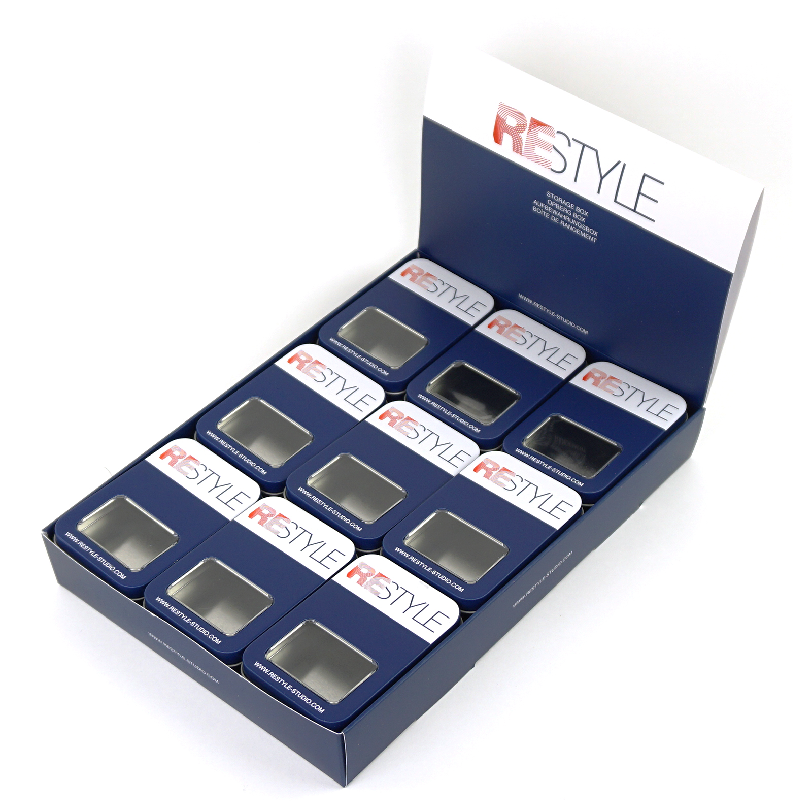 ReStyle Display met 18 tinnen opbergboxen met venster 91 x 63 x 18 mm - STUK