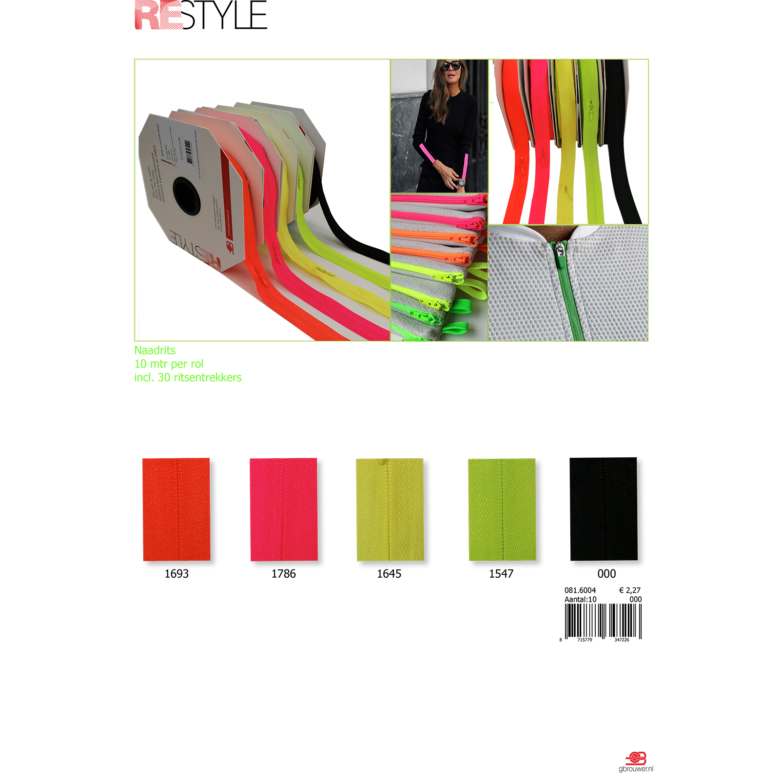 Restyle 081.6004 S40 naadrits 4mm niet deelbaar  op rol met 30 ritsenschuivers - Kleur 000